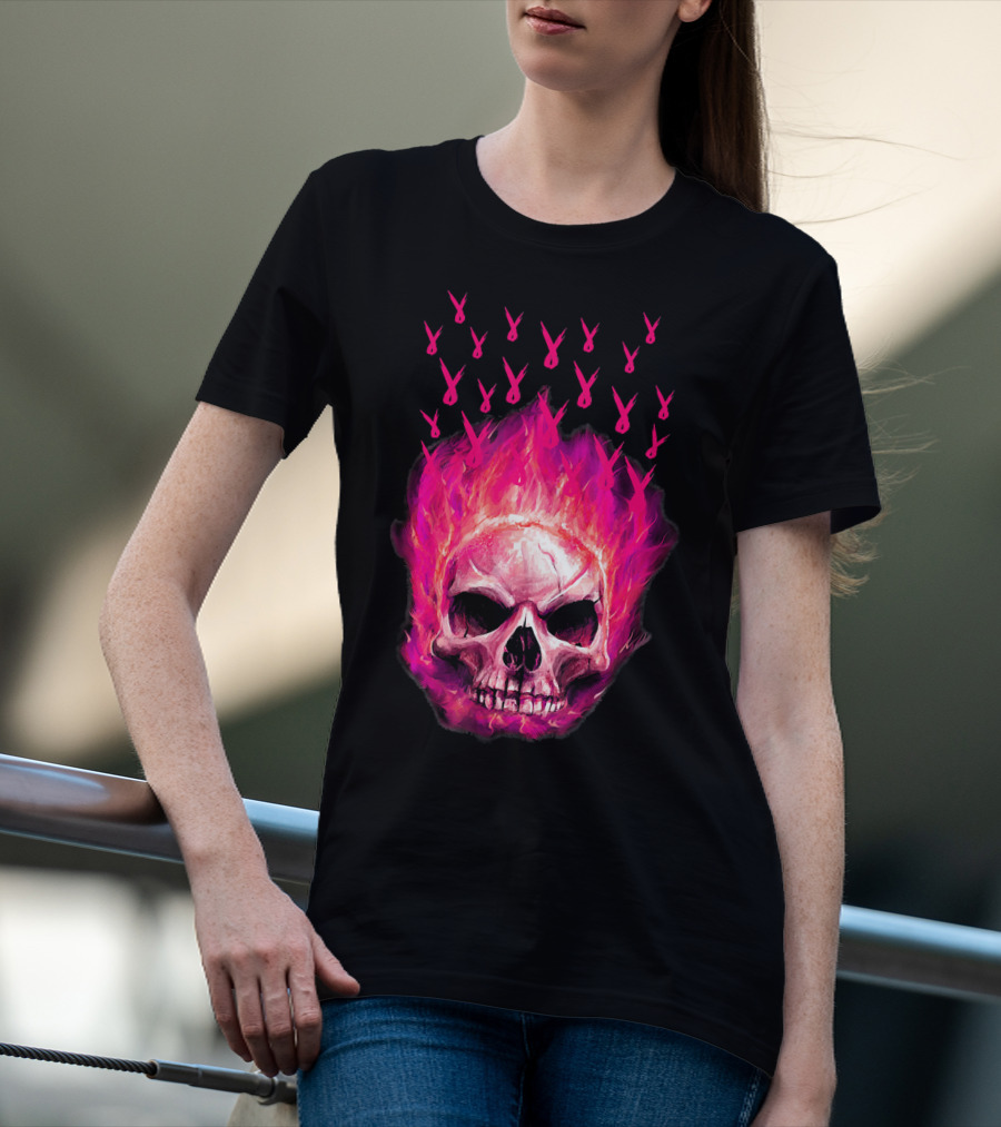 Halloween Skull Flaming Pink Ribbon Breast Cancer Awareness T-Shirt