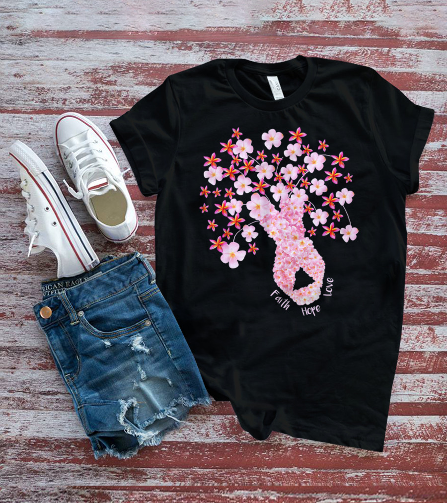 Faith Hope Love Breast Cancer Ribbon Floral Blossoms T-Shirt