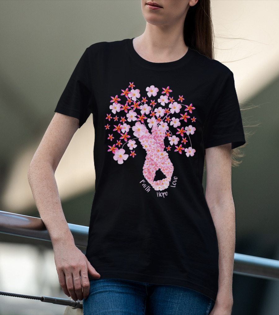 Faith Hope Love Breast Cancer Ribbon Floral Blossoms T-Shirt