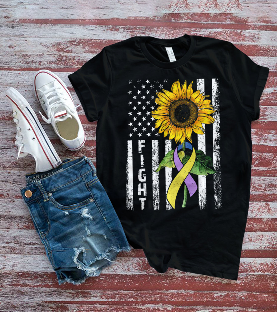 USA Flag Sunflower Fight Ribbon Bladder Cancer T-Shirt