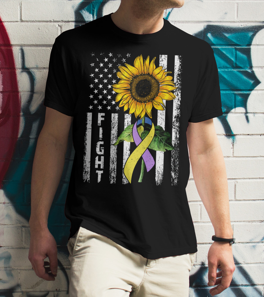 USA Flag Sunflower Fight Ribbon Bladder Cancer T-Shirt