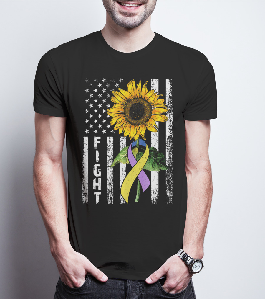 USA Flag Sunflower Fight Ribbon Bladder Cancer T-Shirt
