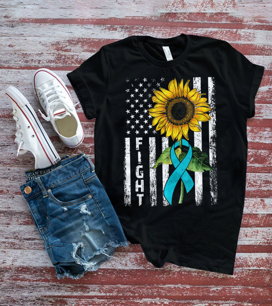 America Flag Sunflower Teal Ribbon Ovari Fight T-Shirt
