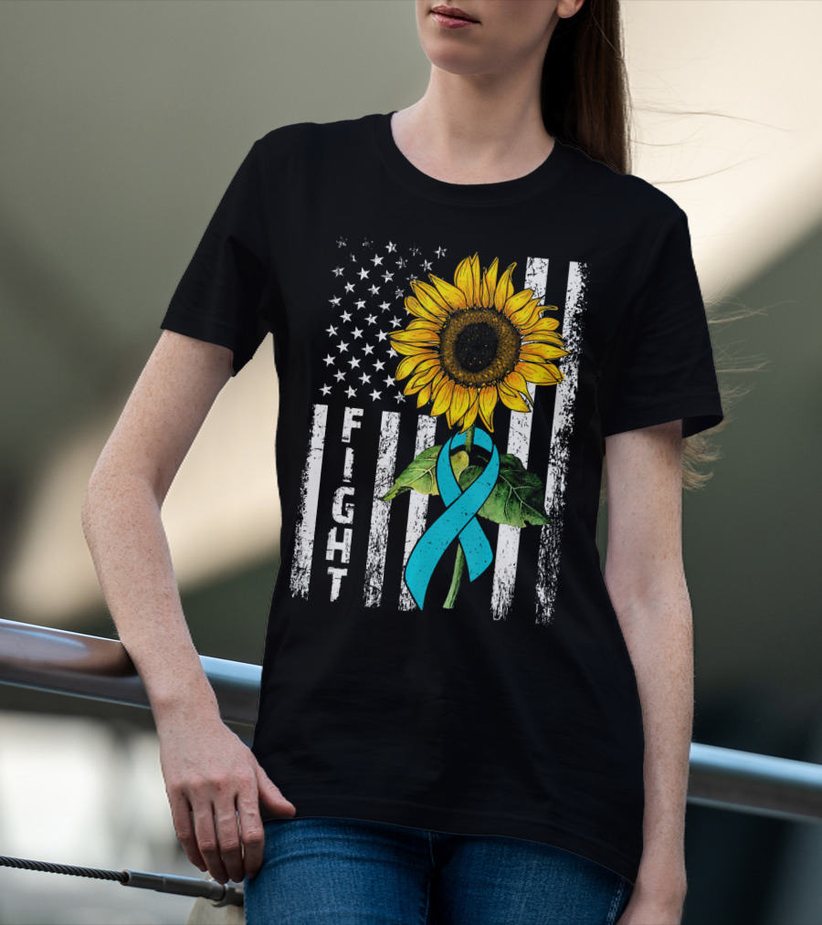 America Flag Sunflower Teal Ribbon Ovari Fight T-Shirt