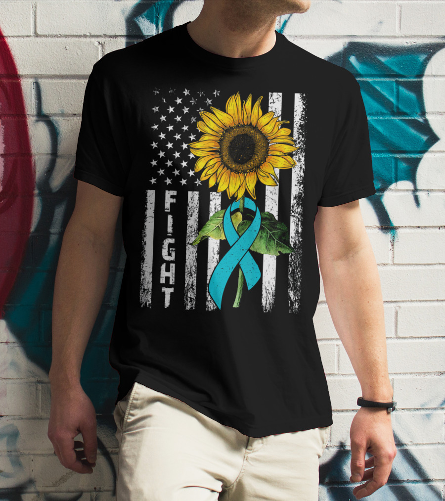 America Flag Sunflower Teal Ribbon Ovari Fight T-Shirt