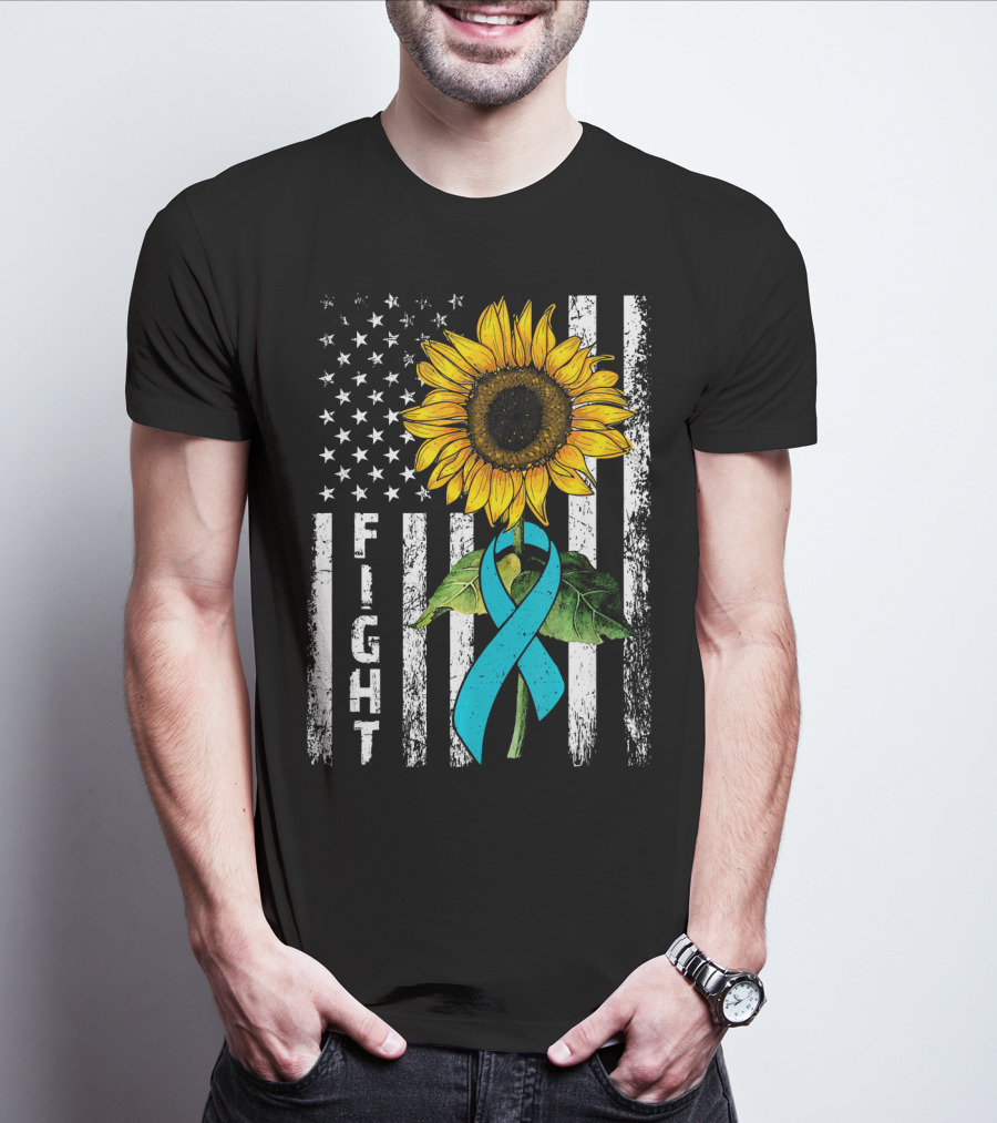 America Flag Sunflower Teal Ribbon Ovari Fight T-Shirt