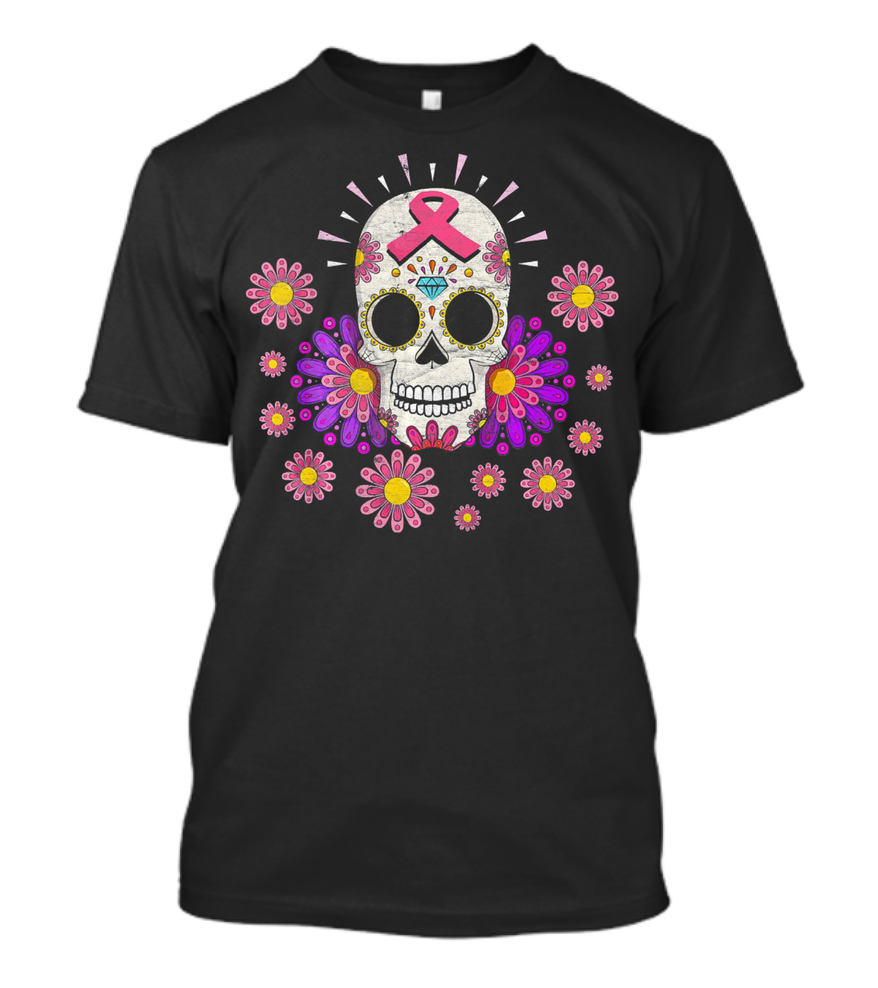 Breast Cancer Awareness Sugar Skull Pink Ribbon Floral Accents T-Shirt