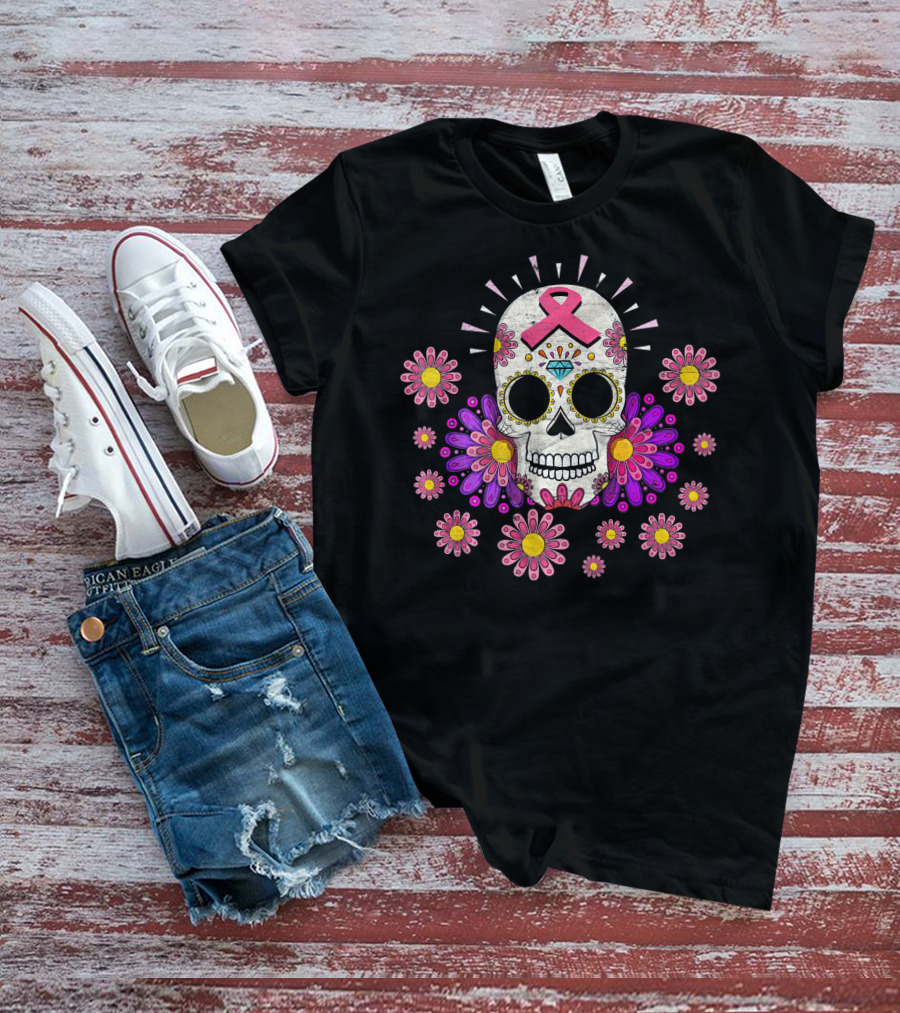 Breast Cancer Awareness Sugar Skull Pink Ribbon Floral Accents T-Shirt