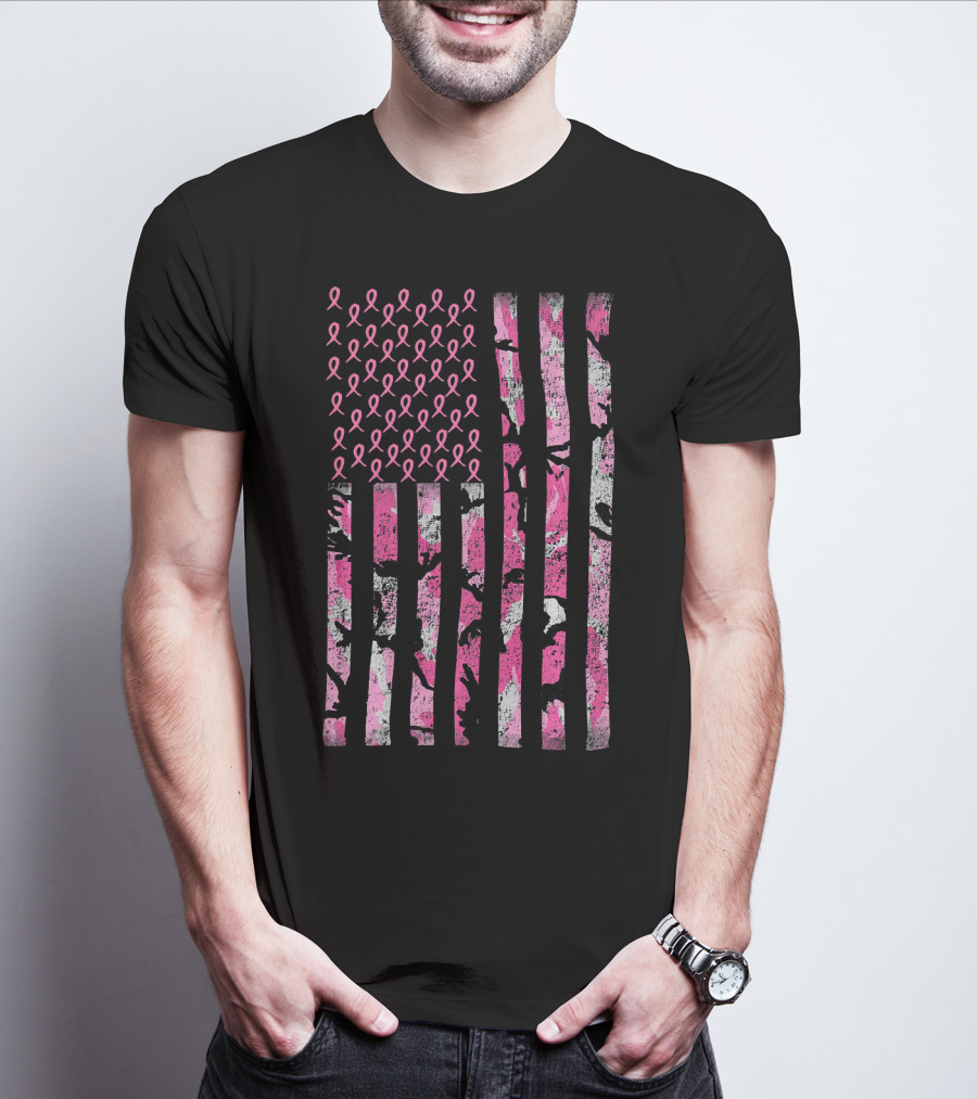 Breast Cancer Awareness Survivor Pink Ribbon American Flag Camo T-Shirt