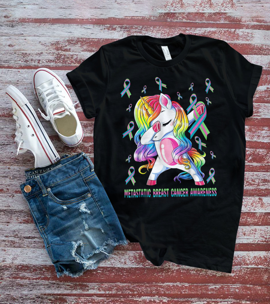 Metastatic Breast Cancer Awareness Unicorn Dabbing With Ribbons T-Shirt