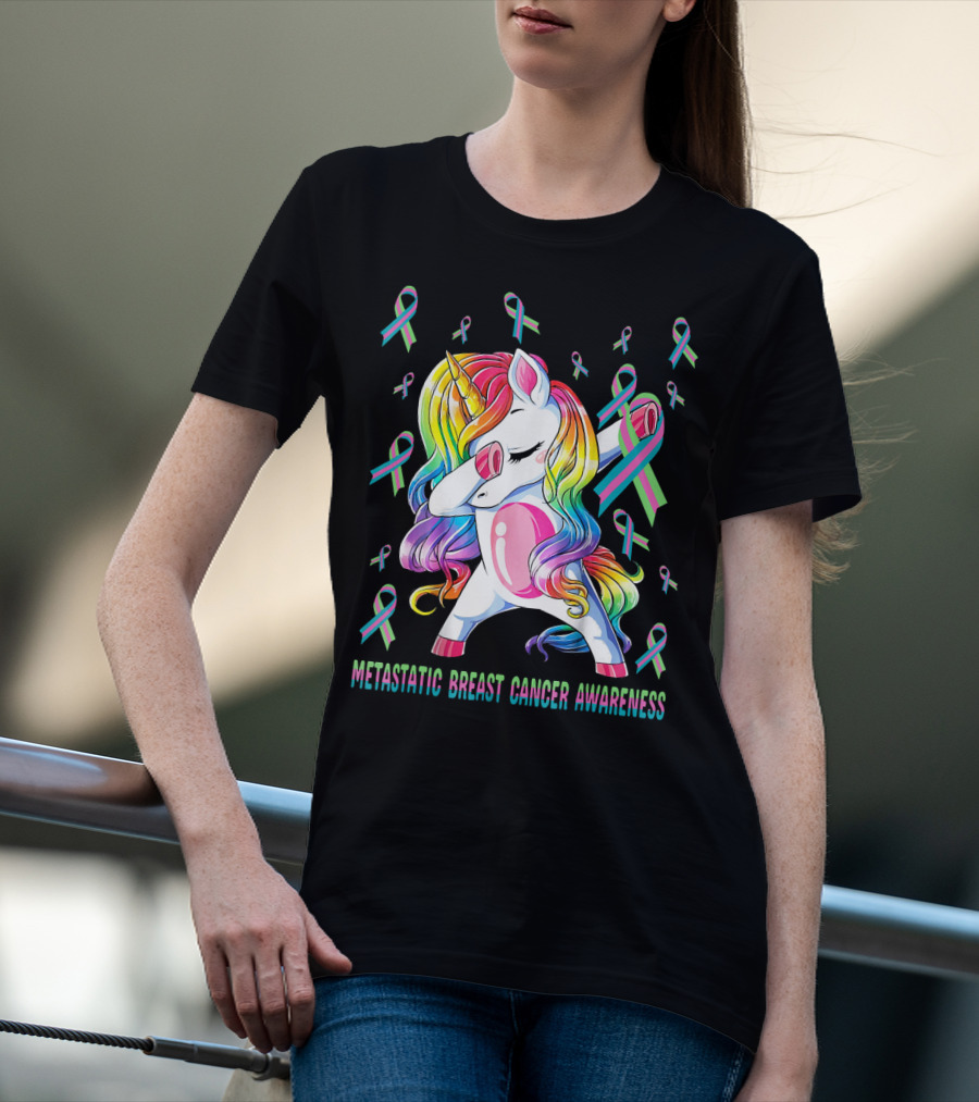 Metastatic Breast Cancer Awareness Unicorn Dabbing With Ribbons T-Shirt