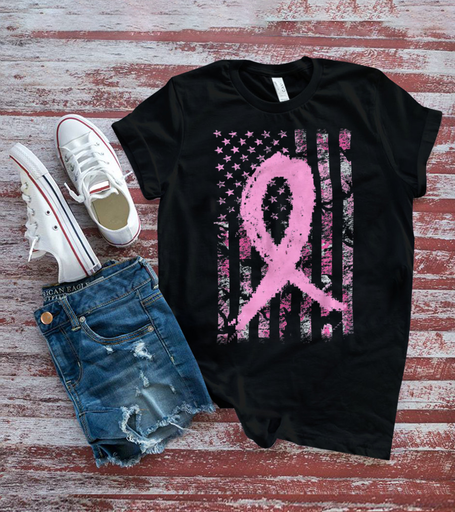 Pink Breast Cancer Ribbon Camouflage American Flag T-Shirt