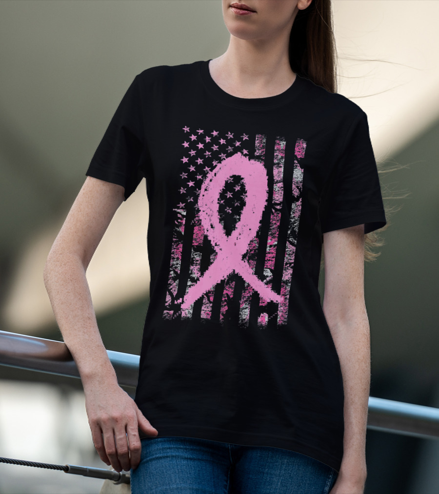 Pink Breast Cancer Ribbon Camouflage American Flag T-Shirt