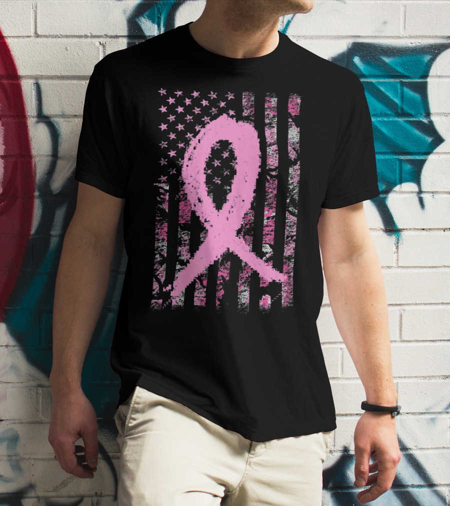 Pink Breast Cancer Ribbon Camouflage American Flag T-Shirt