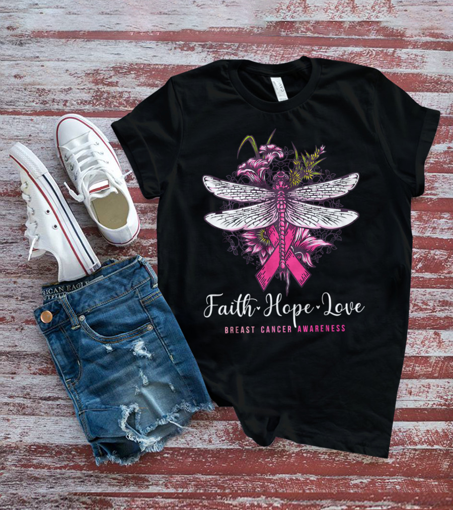 Faith Hope Love Breast Cancer Awareness Dragonfly Pink Ribbon Floral Motif T-Shirt