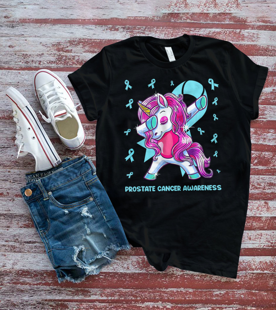Unicorn Dabbing Prostate Cancer Awareness Ribbons T-Shirt