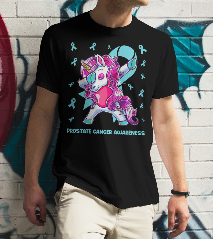 Unicorn Dabbing Prostate Cancer Awareness Ribbons T-Shirt