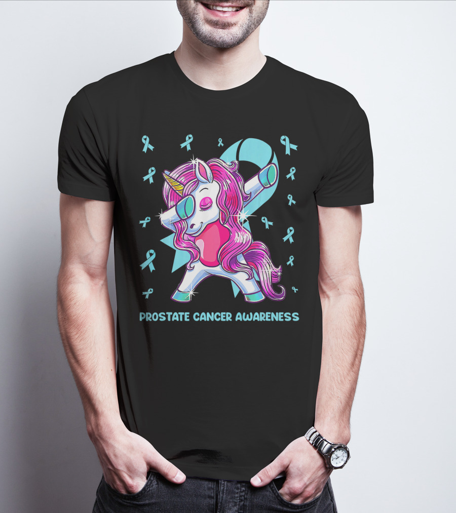 Unicorn Dabbing Prostate Cancer Awareness Ribbons T-Shirt
