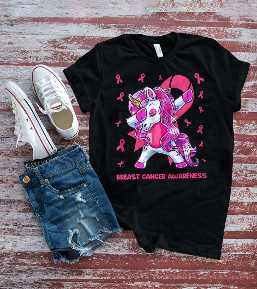 Breast Cancer Awareness Dabbing Unicorn Pink T-Shirt