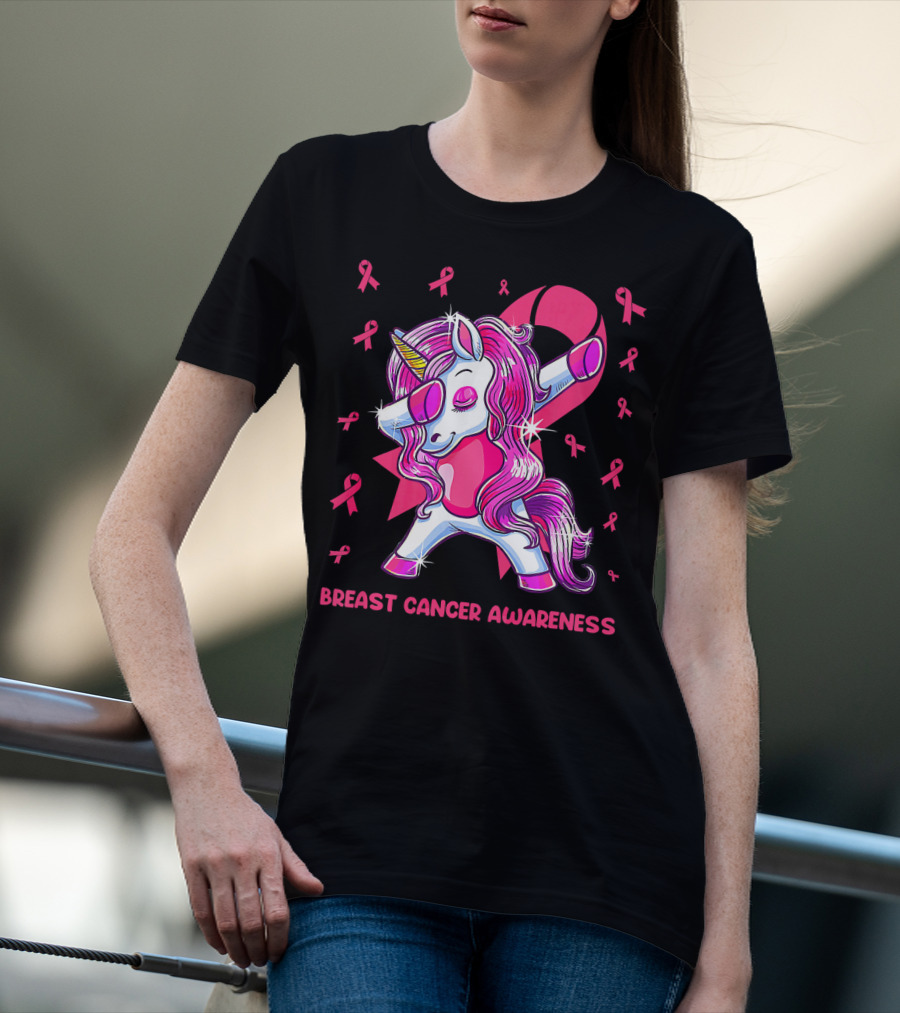 Breast Cancer Awareness Dabbing Unicorn Pink T-Shirt