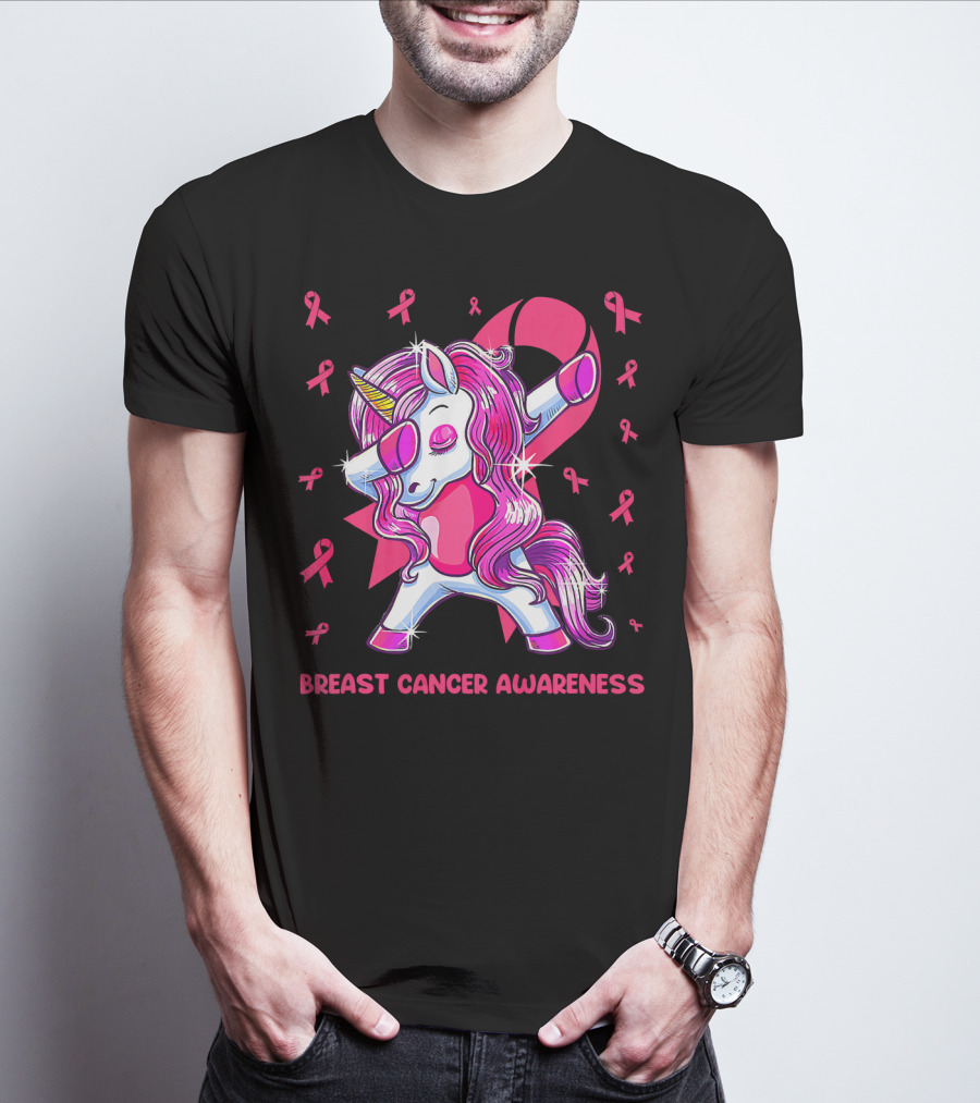Breast Cancer Awareness Dabbing Unicorn Pink T-Shirt
