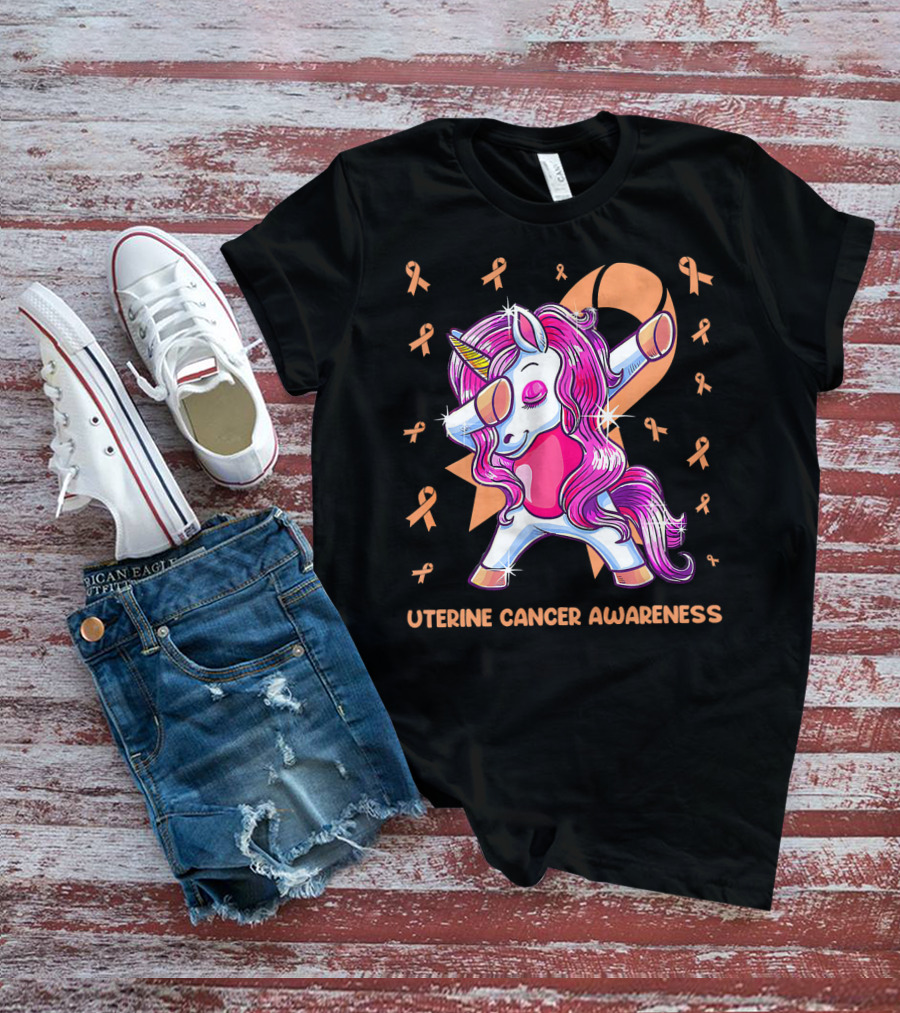 Dabbing Unicorn With Pink Ribbon For Uterine Cancer Awareness T-Shirt