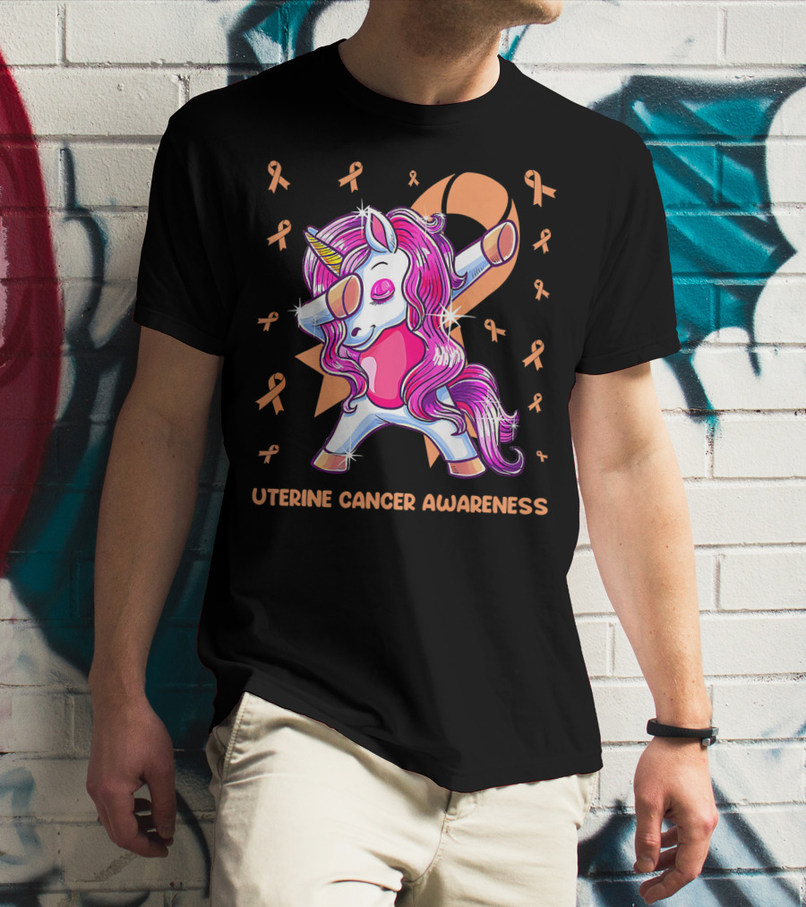 Dabbing Unicorn With Pink Ribbon For Uterine Cancer Awareness T-Shirt