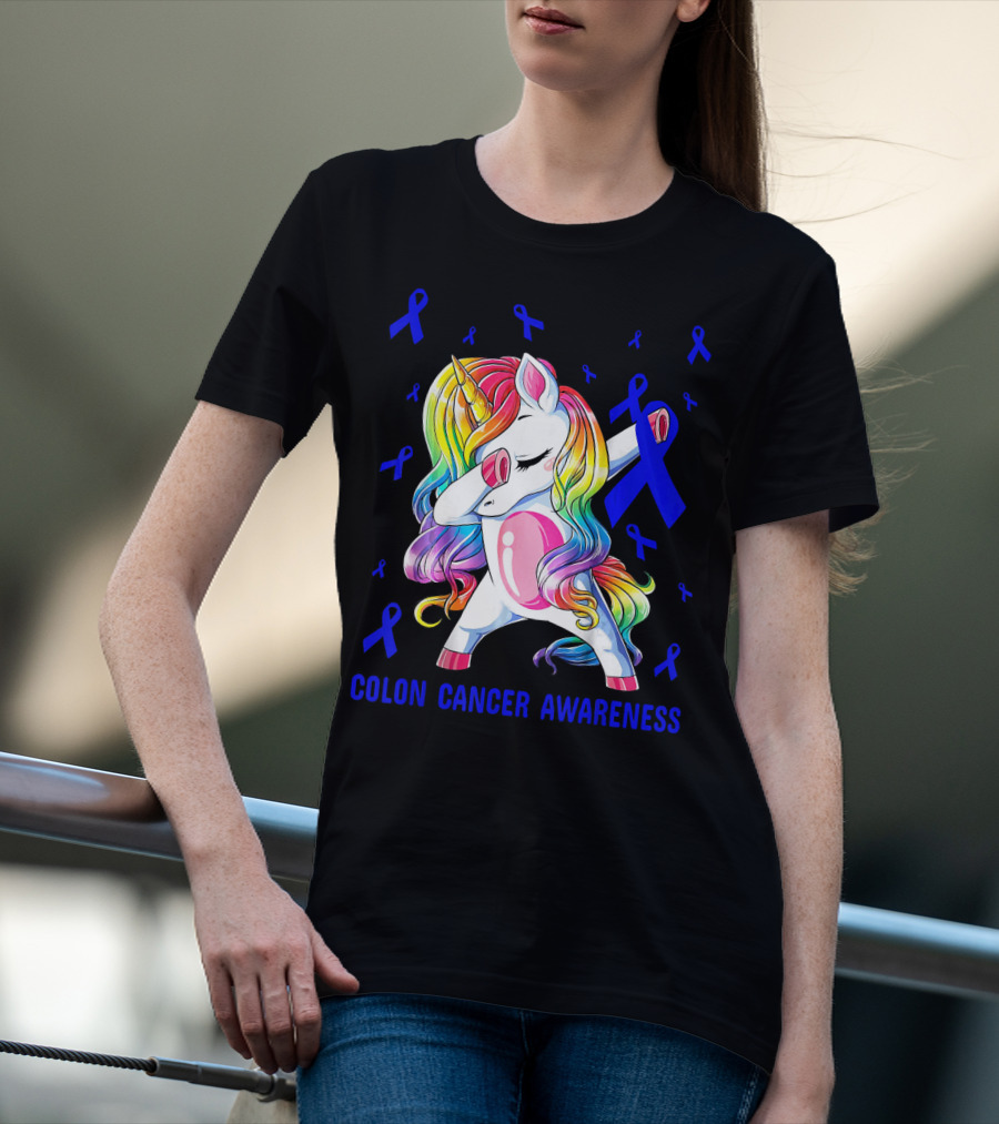 Colon Cancer Awareness Unicorn Dabbing With Blue Ribbons T-Shirt