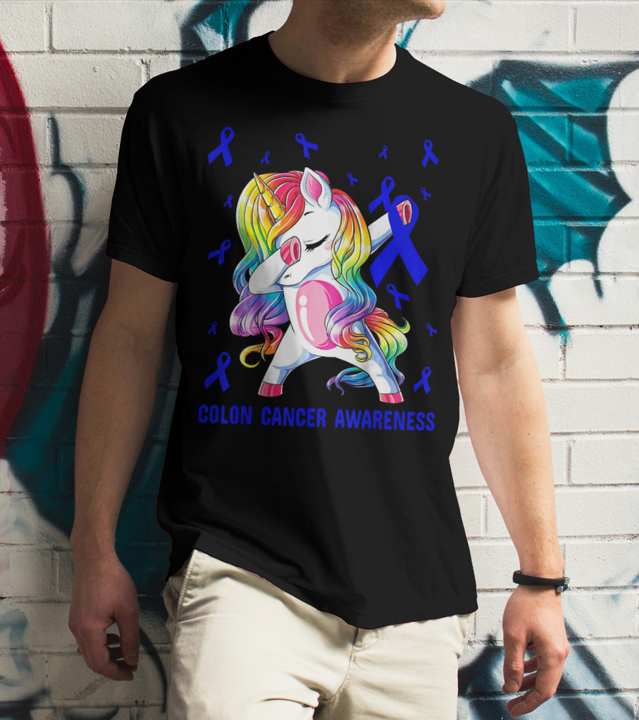 Colon Cancer Awareness Unicorn Dabbing With Blue Ribbons T-Shirt