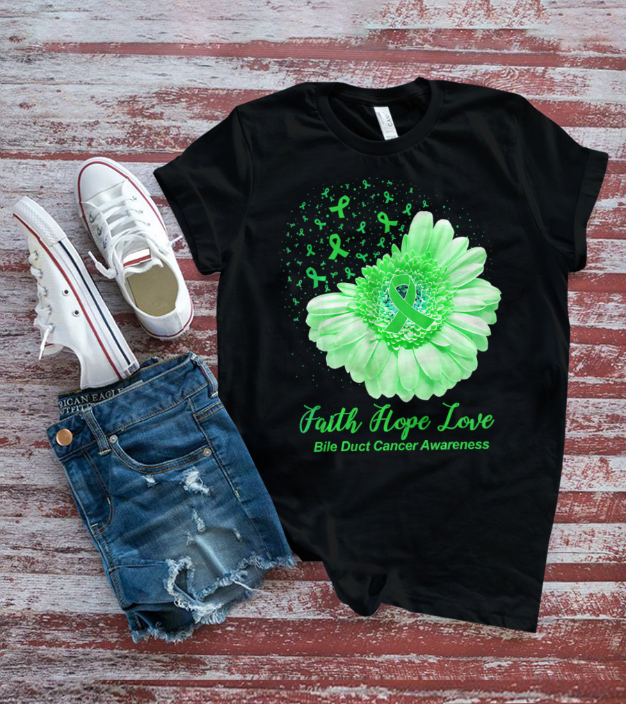 Faith Hope Love Bile Duct Cancer Awareness Flower T-Shirt