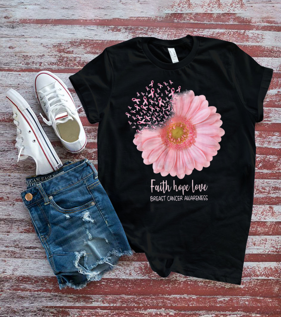 Faith Hope Love Breast Cancer Awareness Pink Sunflower T-Shirt