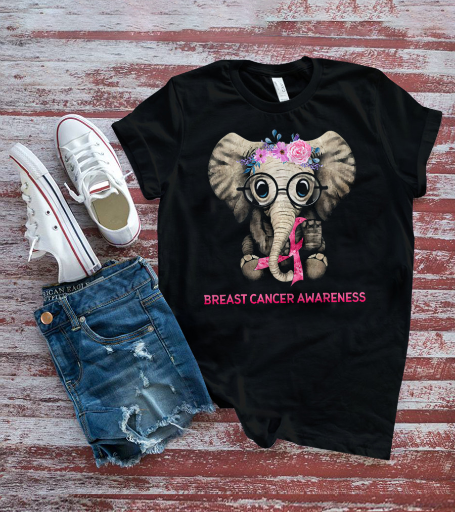 Flowers Hippie Elephant Breast Cancer Awareness T-Shirt