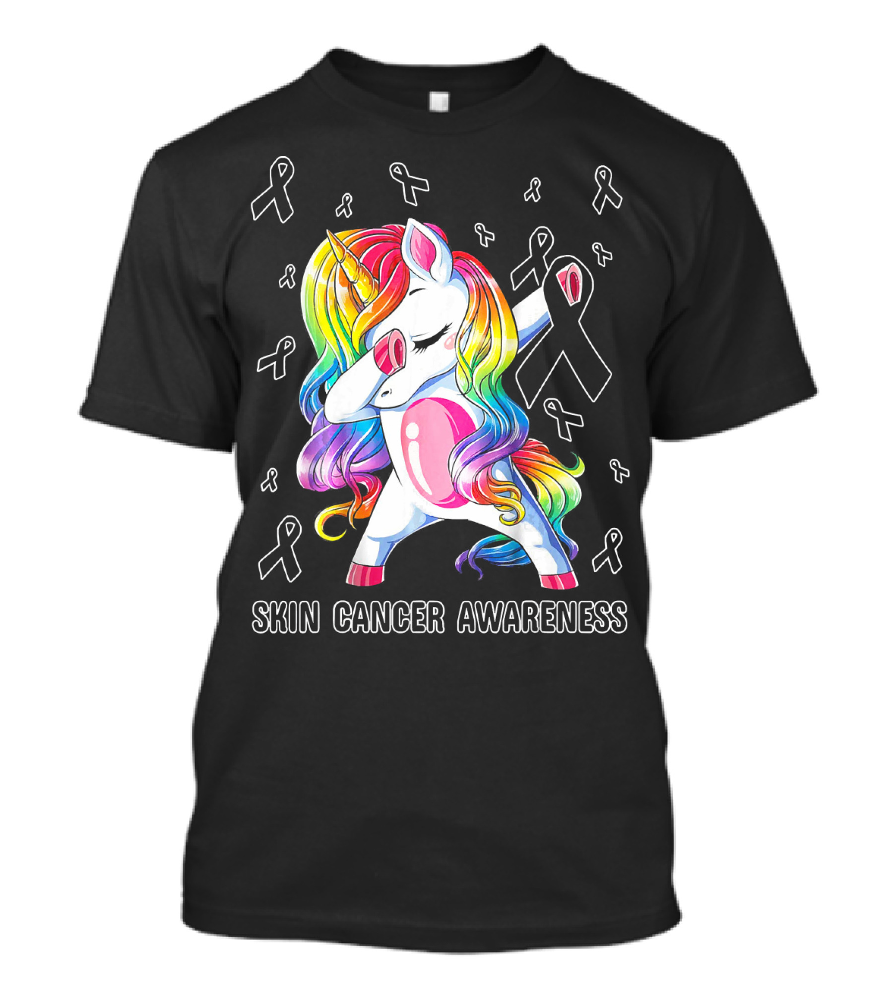 Skin Cancer Awareness Unicorn Dabbing With Ribbons T-Shirt