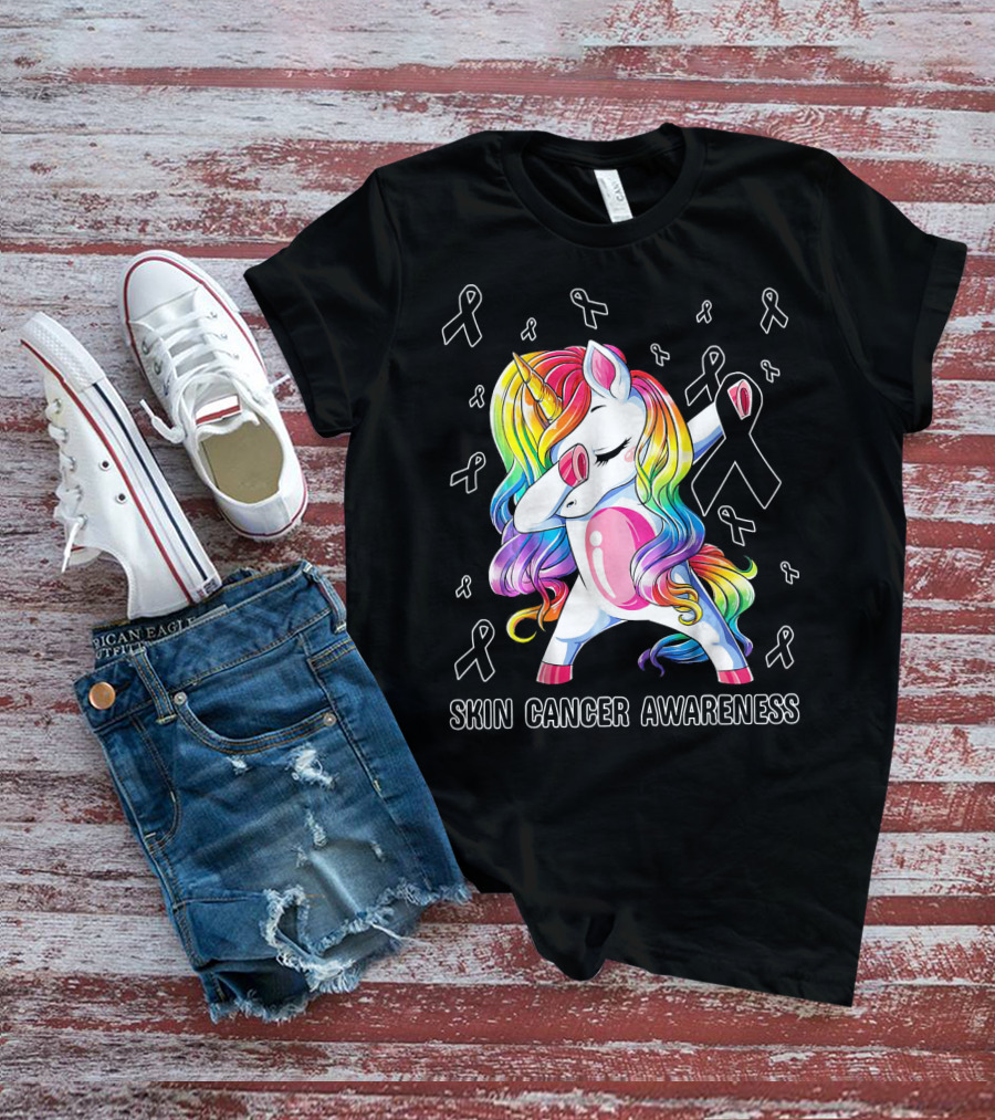 Skin Cancer Awareness Unicorn Dabbing With Ribbons T-Shirt