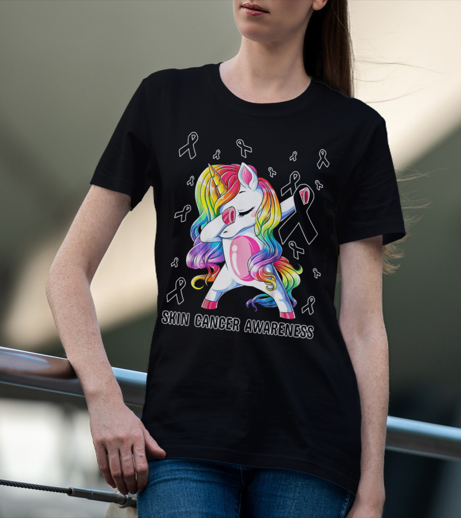 Skin Cancer Awareness Unicorn Dabbing With Ribbons T-Shirt