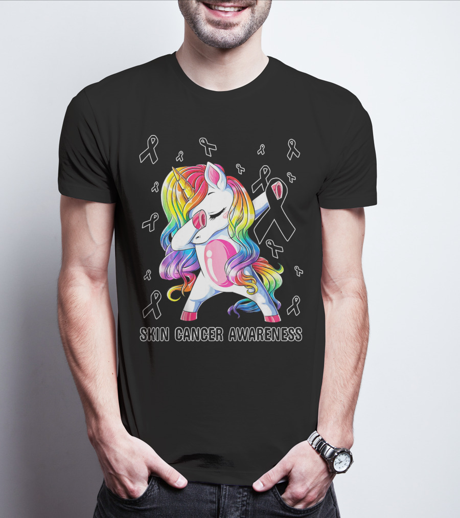Skin Cancer Awareness Unicorn Dabbing With Ribbons T-Shirt