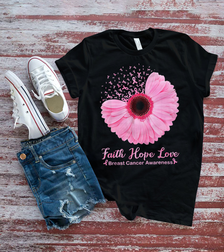 Faith Hope Love Breast Cancer Awareness Pink Ribbon Blossoms T-Shirt
