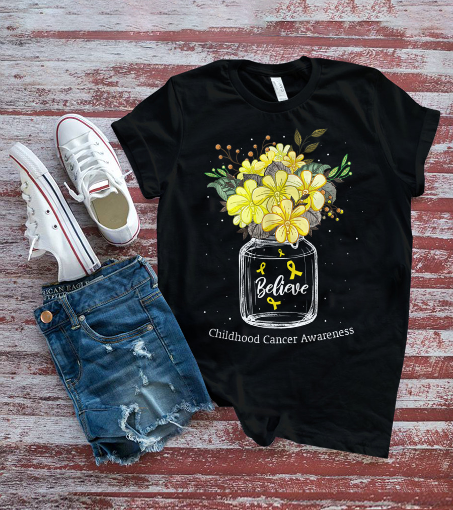 Believe Yellow Ribbon Childhood Cancer Awareness Flower Bouquet T-Shirt