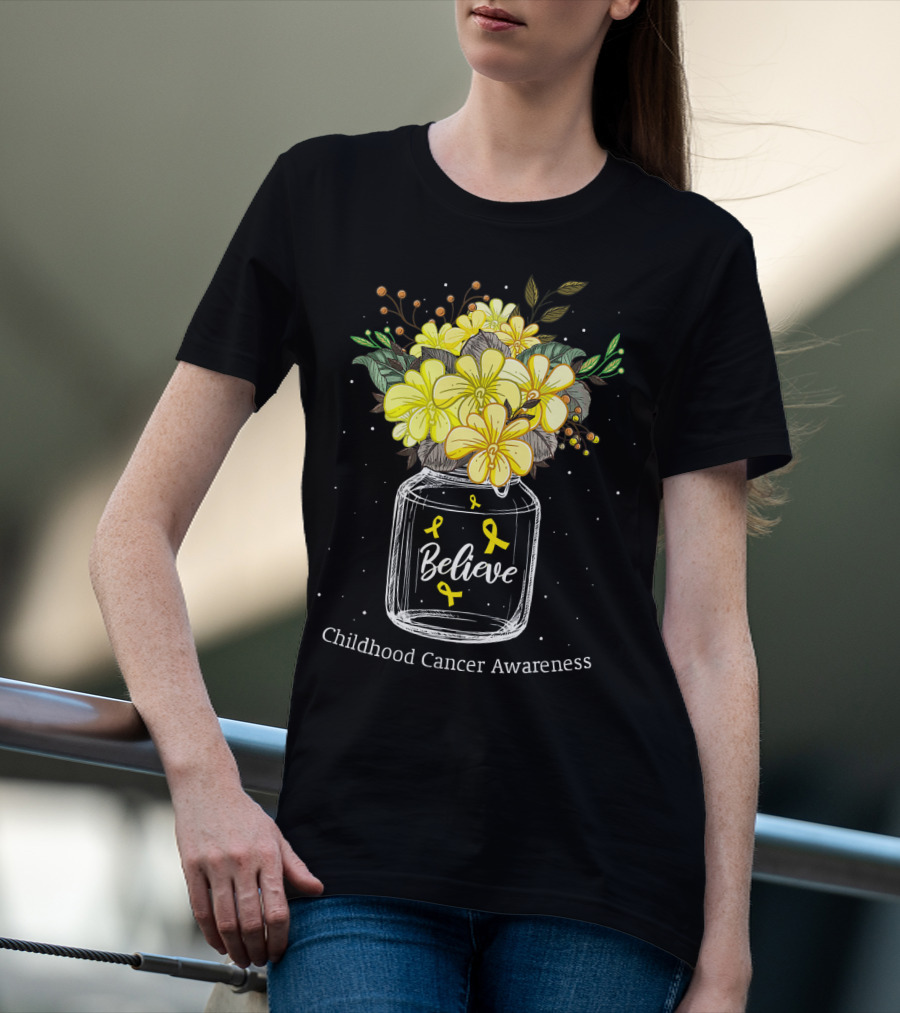 Believe Yellow Ribbon Childhood Cancer Awareness Flower Bouquet T-Shirt