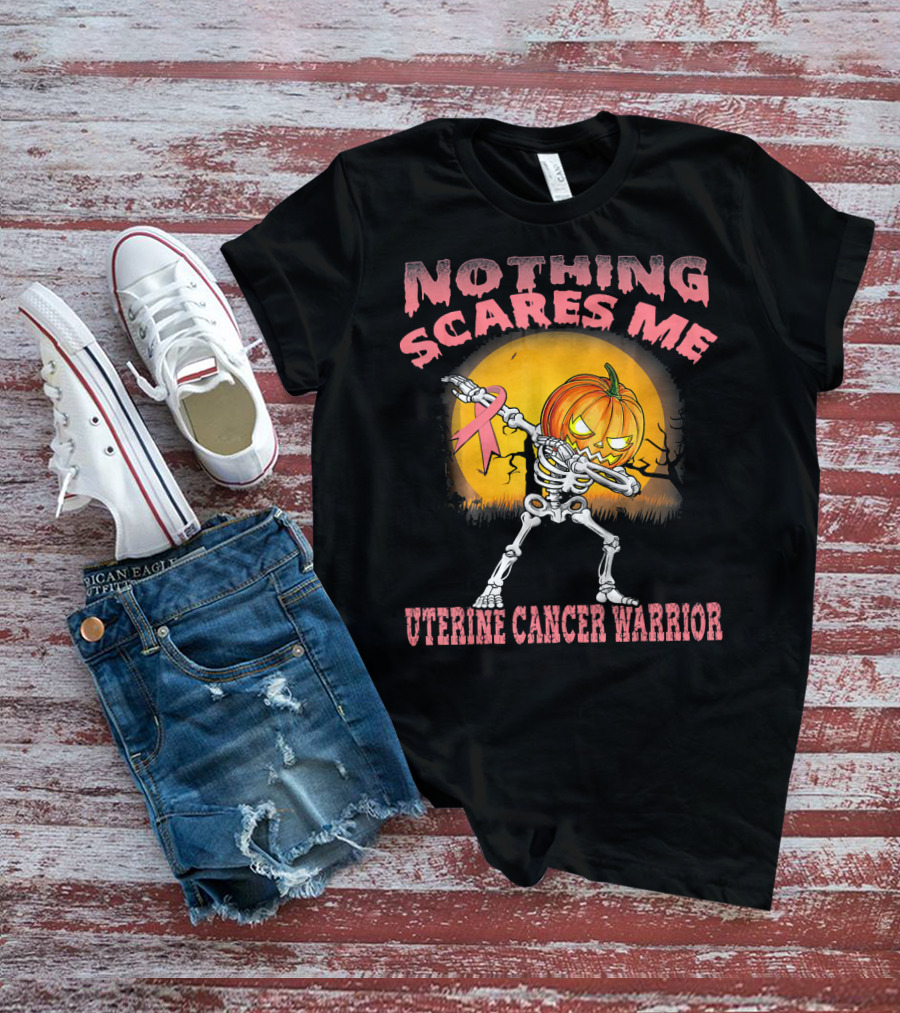 Nothing Scares Me Uterine Cancer Warrior Dabbing Skeleton Pumpkin T-Shirt