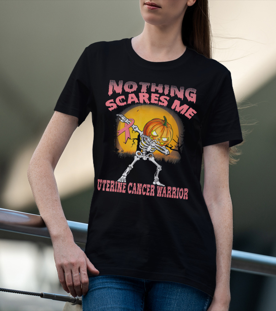 Nothing Scares Me Uterine Cancer Warrior Dabbing Skeleton Pumpkin T-Shirt