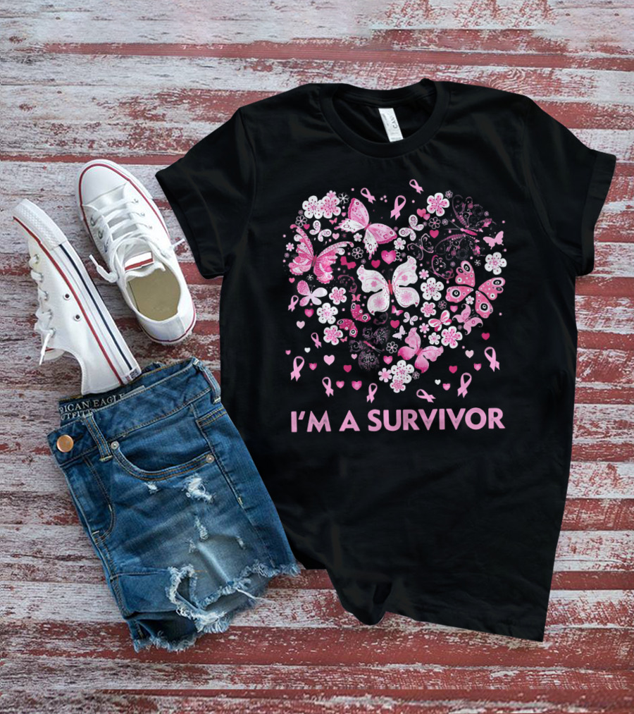 I'm A Survivor Heart Pink Ribbon Butterfly Flowers T-Shirt