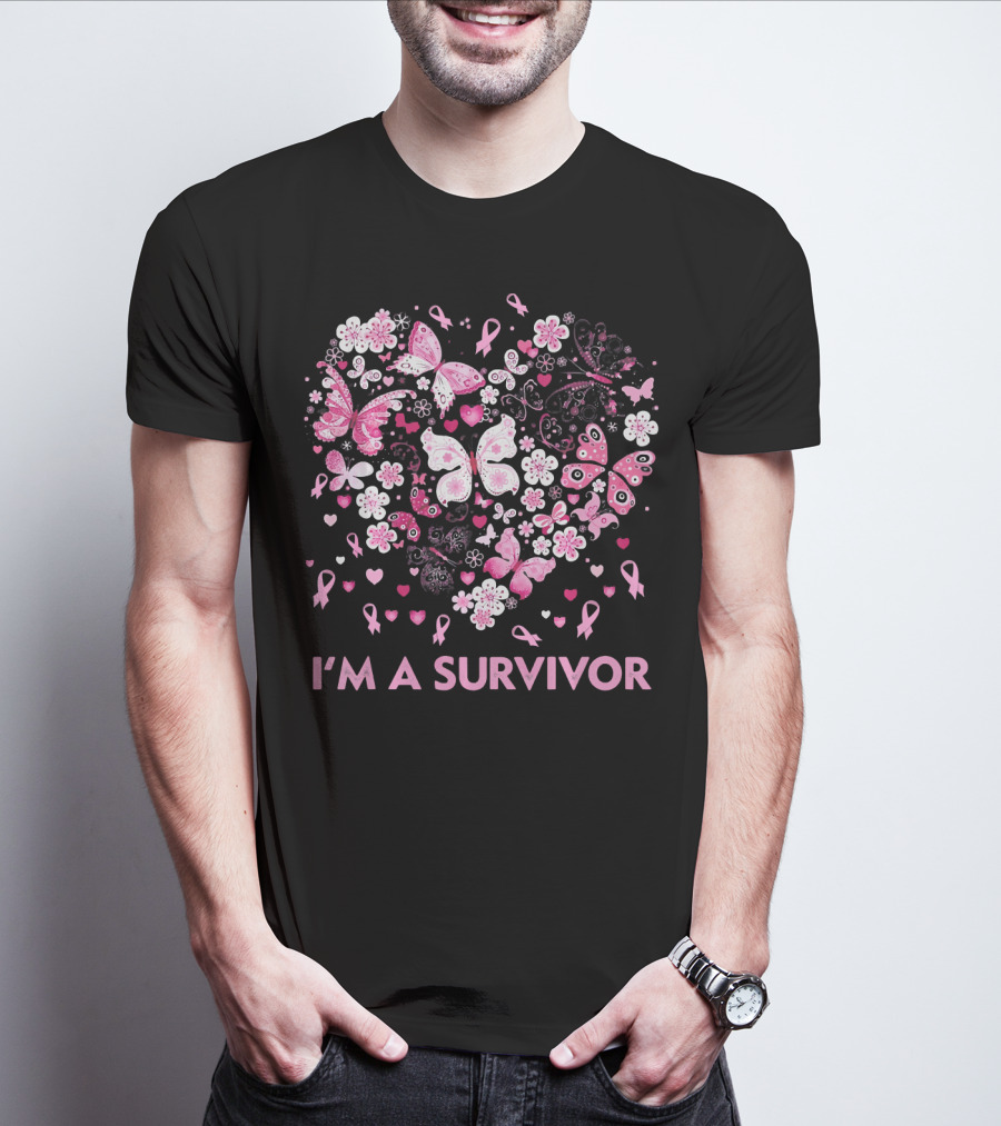 I'm A Survivor Heart Pink Ribbon Butterfly Flowers T-Shirt
