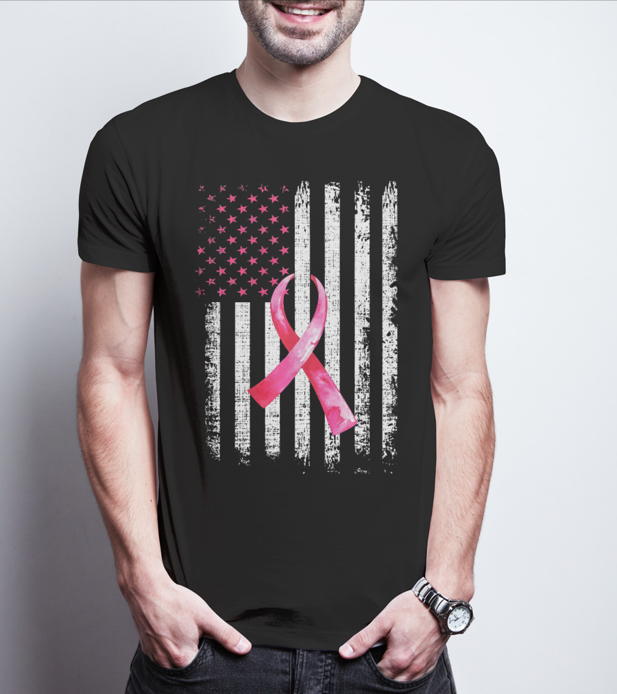 Breast Cancer Awareness Pink Ribbon American Flag Fight T-Shirt