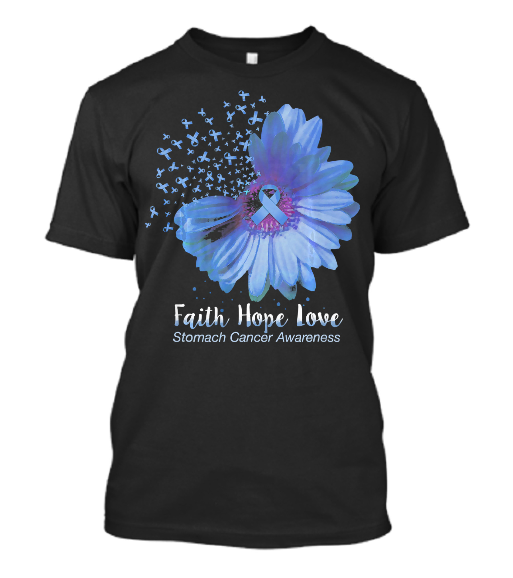 Faith Hope Love Stomach Cancer Awareness Blue Flower T-Shirt