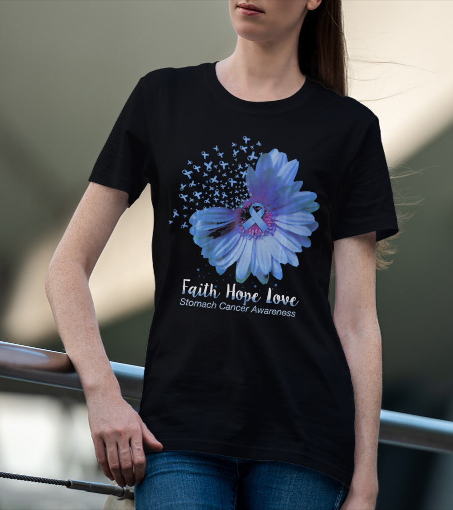 Faith Hope Love Stomach Cancer Awareness Blue Flower T-Shirt