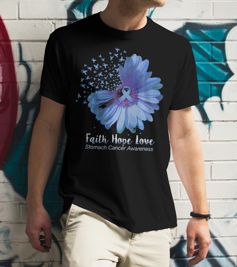 Faith Hope Love Stomach Cancer Awareness Blue Flower T-Shirt