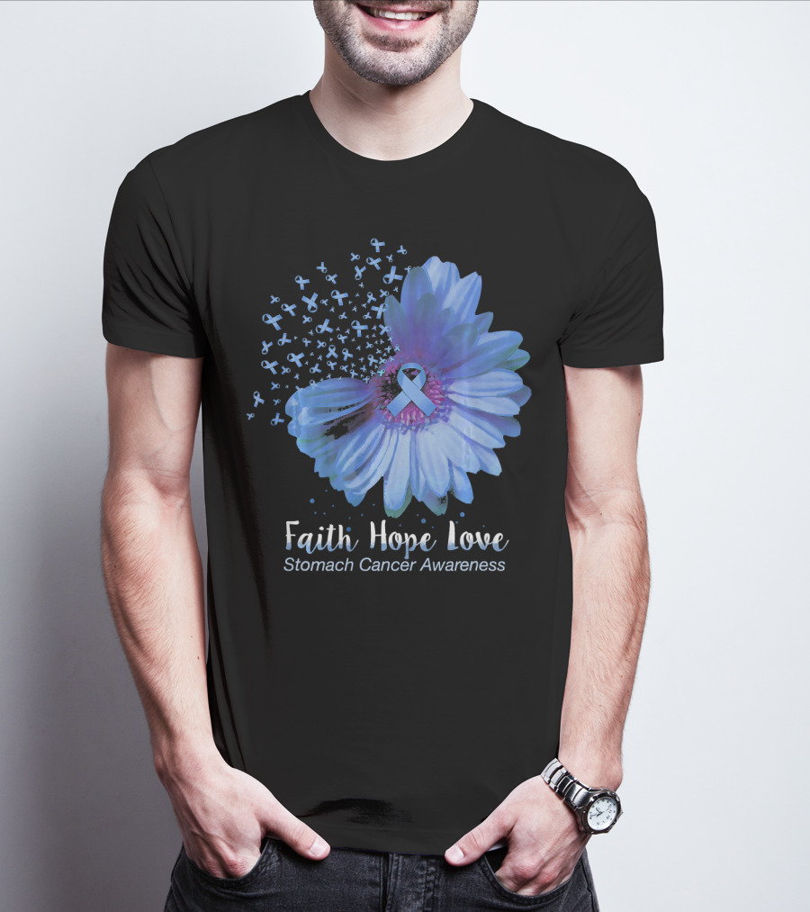 Faith Hope Love Stomach Cancer Awareness Blue Flower T-Shirt