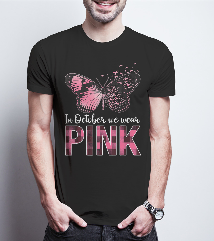 In October We Wear Pink Butterfly Breast Cancer Awareness T-Shirt