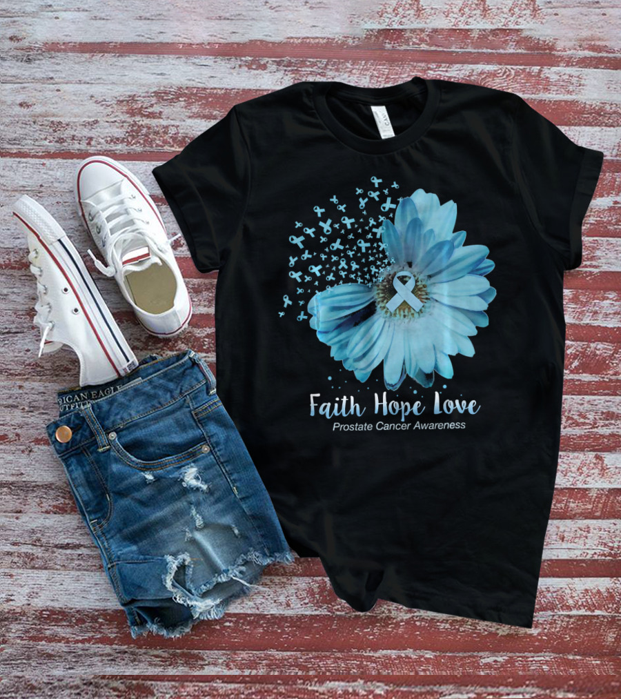 Faith Hope Love Prostate Cancer Awareness Blue Ribbon Flower T-Shirt